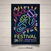 Free vector music festival poster template neon lights style