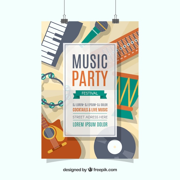 Free vector music festival poster template with music instruments