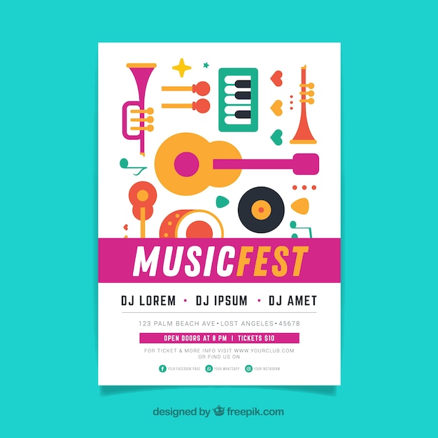 Free vector music festival poster template with music instruments