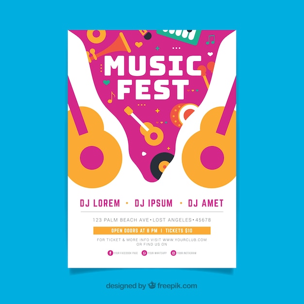 Music festival poster template with music instruments