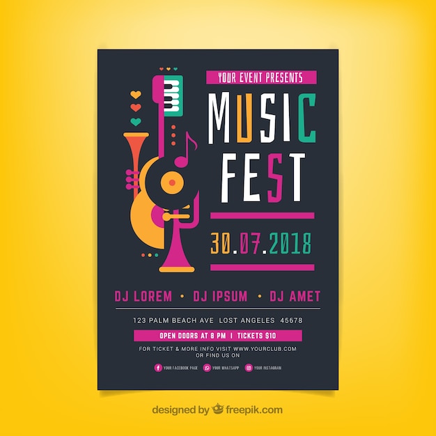 Vettore gratuito modello di manifesto del festival musicale con strumenti musicali