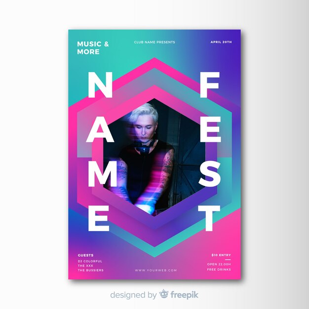 Free vector music festival poster template with photo