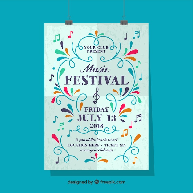 Vettore gratuito manifesto del festival musicale con ornamenti colorati