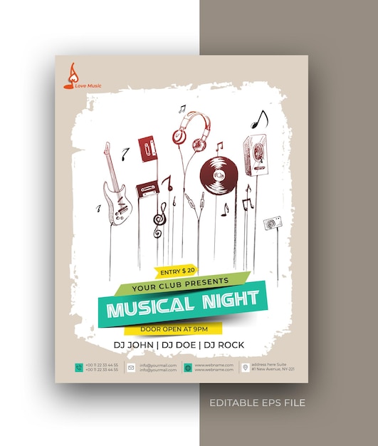 Vettore gratuito brochure poster volantino musicale modello di progettazione post promozione sui social media.