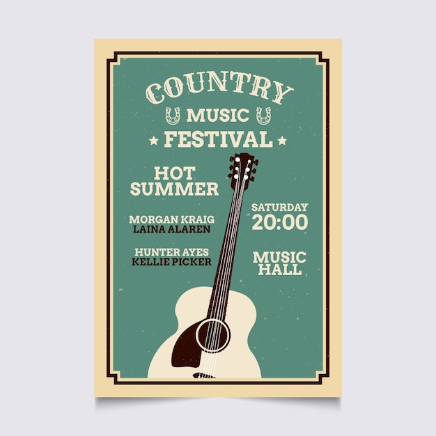 Poster di musica country piatto disegnato a mano di musica