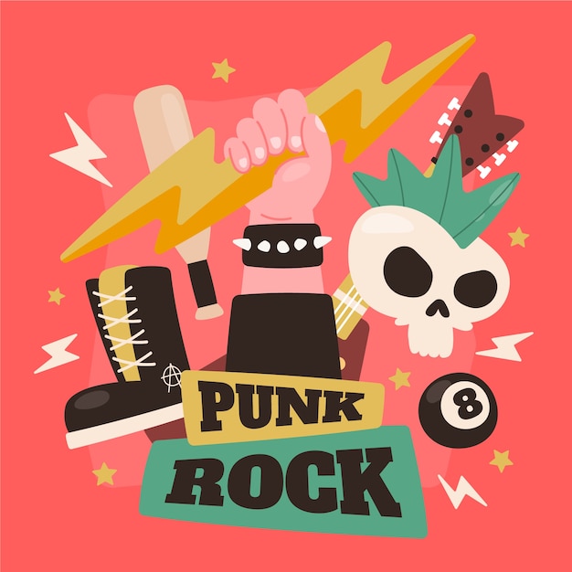 Vettore gratuito illustrazione punk rock piatta disegnata a mano di musica