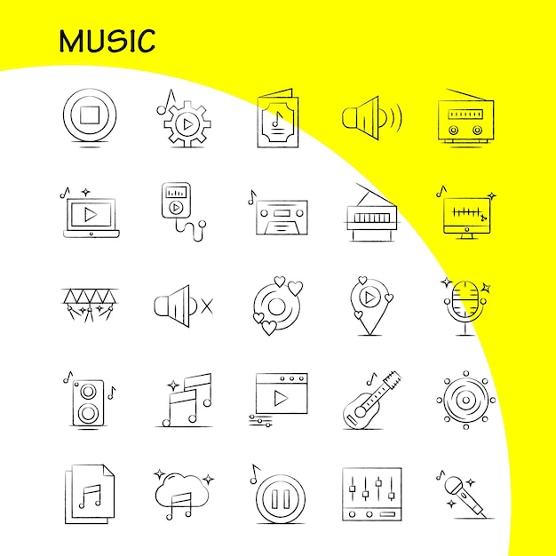 インフォ グラフィック モバイル uxui キットと印刷デザインの音楽手描きアイコン セットには、音楽再生ファイル データ音楽再生設定ギア アイコン セット ベクトルが含まれます