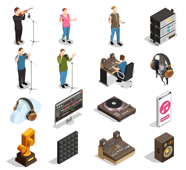 Music industry isometric icons set with recording studio symbols isolated