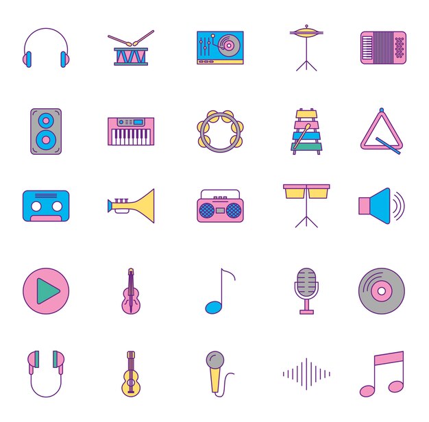Music instruments and set icons