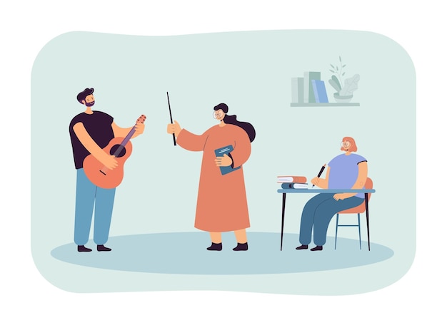 Music lesson in school flat vector illustration. boy playing guitar, girl sitting at desk, female teacher listening song. education, art concept for banner, website design or landing web page