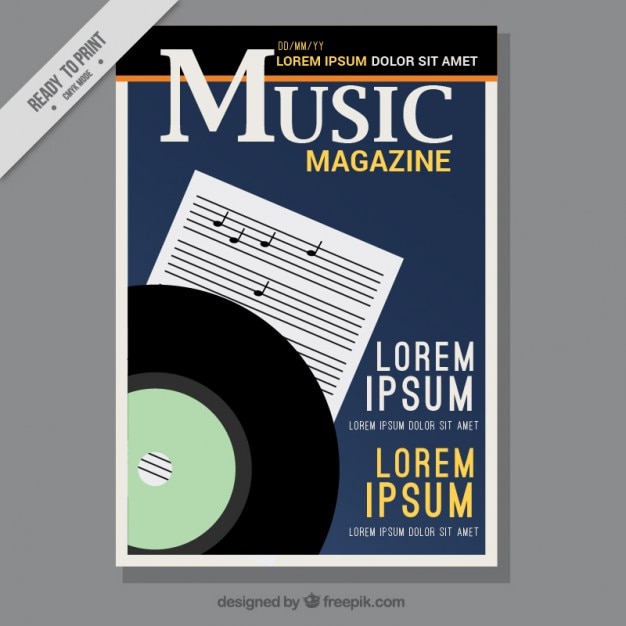 Free vector music magazine cover with a stave and vinyl