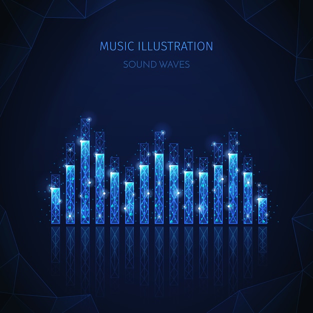 Music media polygonal wireframe composition with editable text and image of equalizer stripes with shining particles