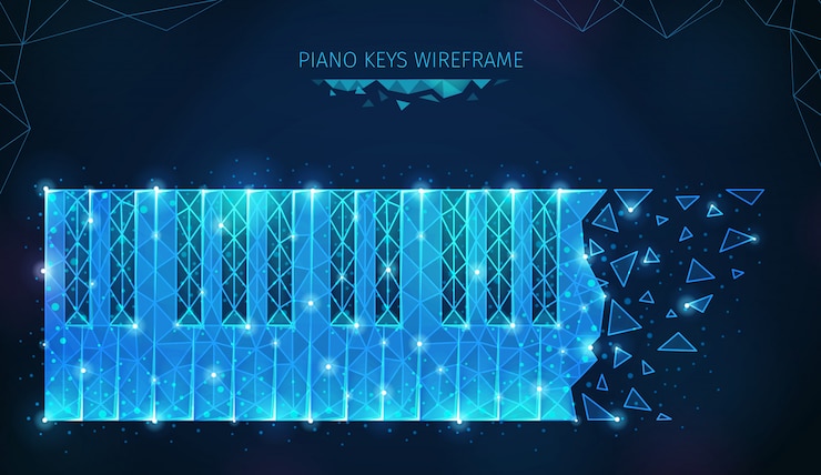 Free Vector music media polygonal wireframe composition with keys and shatters with shining particles geometric figures and text