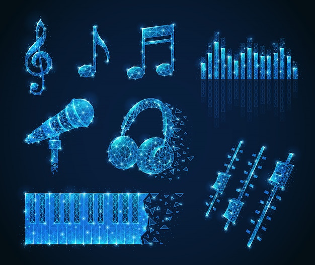 音楽メディア多角形ワイヤーフレームセット形状メモマイクヘッドフォンとキーの分離の輝く画像