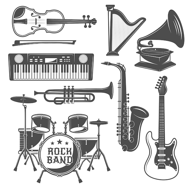 Бесплатное векторное изображение Набор музыкальных монохромных элементов