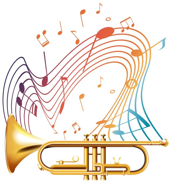 Music notes rainbow colourful with trumpet on white background