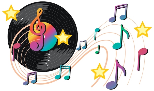 Vettore gratuito note musicali arcobaleno colorato con disco in vinile su sfondo bianco