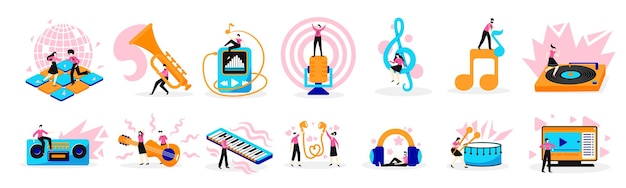 Бесплатное векторное изображение Музыкальные онлайн-символы отмечают инструменты, электронные устройства, плоские иконки с векторной иллюстрацией гитариста скрипичного ключа