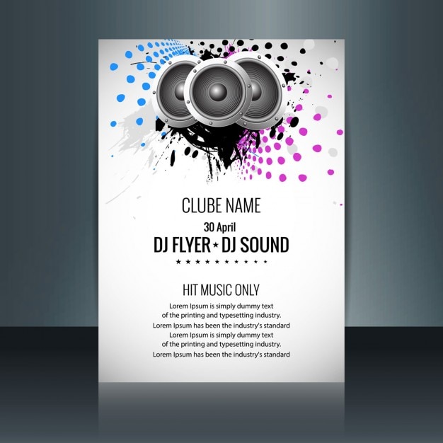 Music party flyer with speakers and colored dots