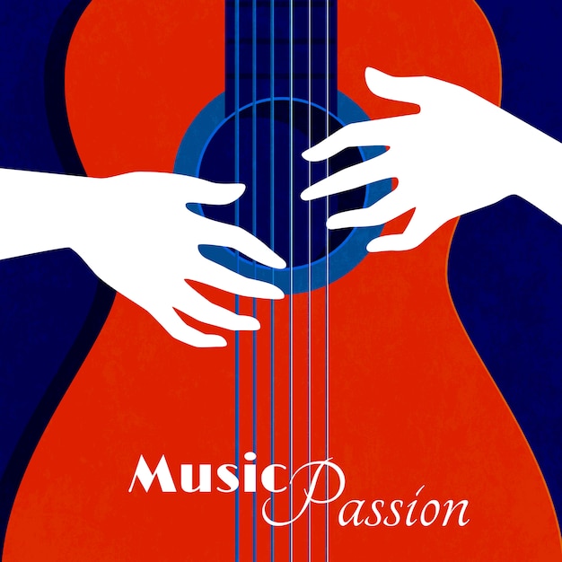 Vettore gratuito manifesto di passione di musica con la siluetta rossa della chitarra su fondo blu e mani maschii sull'illustrazione piana di vettore delle corde