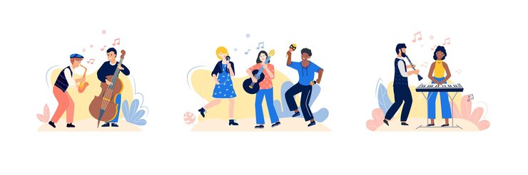 무료 Vector 흰색에 악기를 연주 음악가의 평면 인간의 문자로 설정 음악 사람들이 작곡