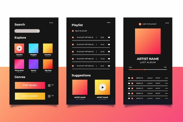 Free vector music player application interface template set