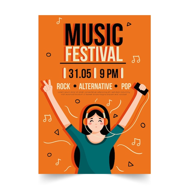 Music poster illustrated with girl listening music on headphones