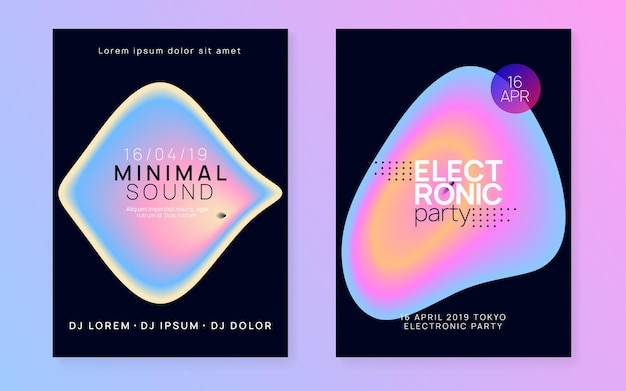 Free vector music poster set fluid holographic gradient shape and line abstract indie concert presentation design electronic sound night dance lifestyle holiday summer fest flyer and music poster