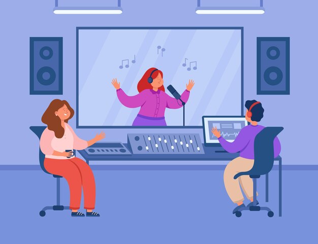 Music producer at mixing desk listening to singer in studio. Woman recording sound in booth, song production flat vector illustration. Music, technology concept for banner or landing web page