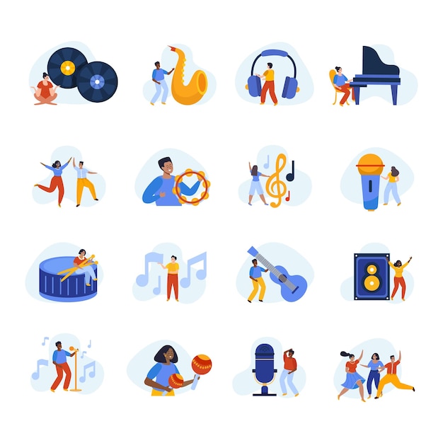 Free vector music school set of flat isolated icons with people musical instruments notes and professional recording equipment vector illustration