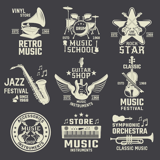 Free vector music school and shops monochrome emblems