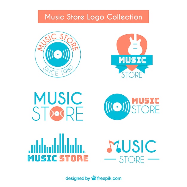 Vettore gratuito collezione di logo del negozio di musica con design piatto