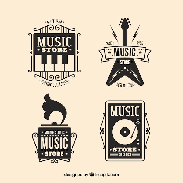 Vettore gratuito collezione di logo del negozio di musica con design piatto