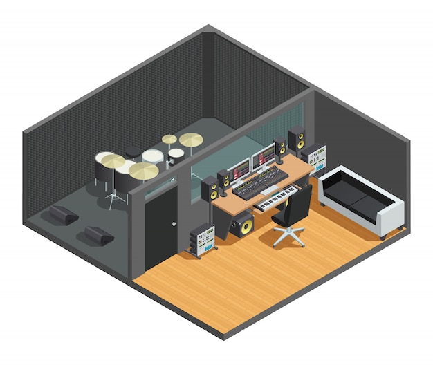 Free vector music studio isometric interior composition with drum kit sound box and control room with mixing con