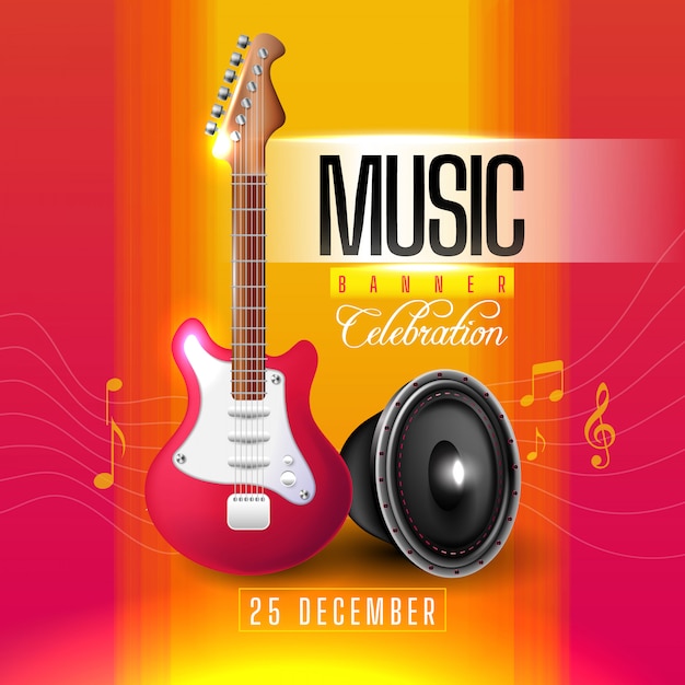 Free vector musical banner with guitar and speaker