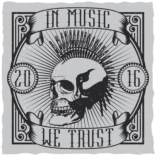 Free vector musical creative design poster with quote in music we trust label design for t-shirts