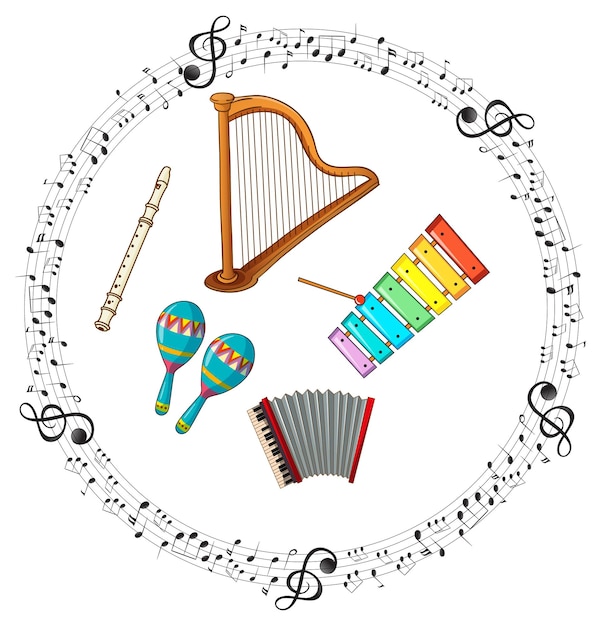 Бесплатное векторное изображение Музыкальный инструмент с мультяшным символом музыкальной мелодии
