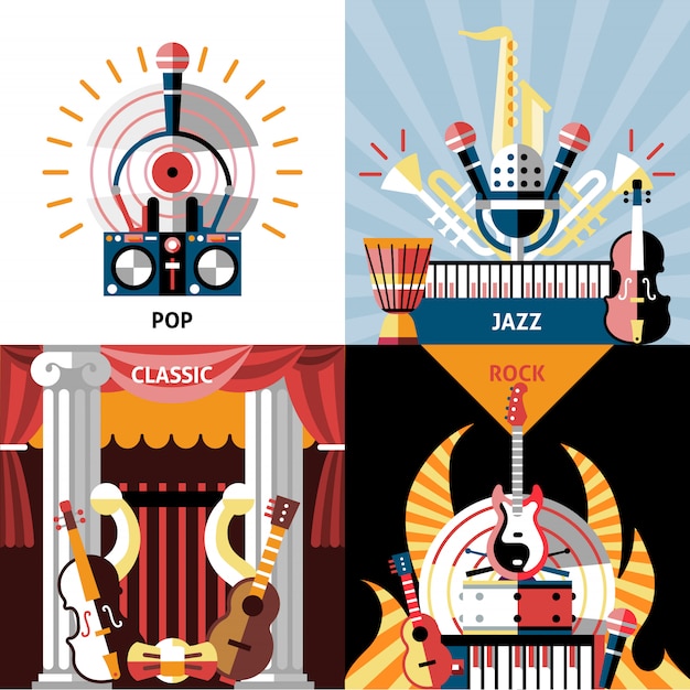 Free vector musical instruments composition flat set. pop, jazz, classic and rock