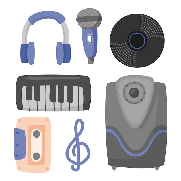 Elementi di design di strumenti musicali apparecchiature musicali come cuffie, microfoni, giradischi, altoparlanti, tastiere, cassette, note