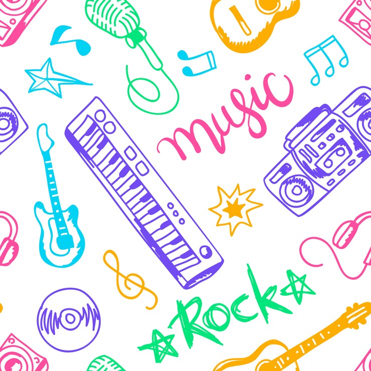 Free Vector musical instruments, illustrations flat icons and elements set seamless pattern