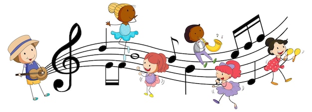 Vettore gratuito simboli di melodia musicale con molti personaggi dei cartoni animati per bambini scarabocchiati