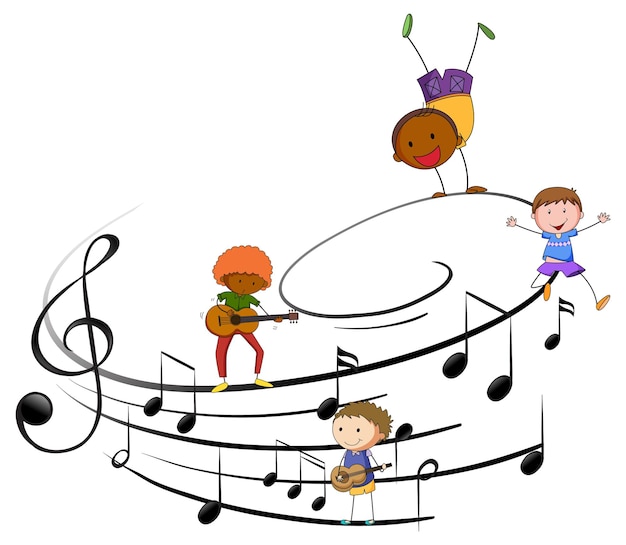 Simboli di melodia musicale con molti personaggi dei cartoni animati per bambini scarabocchiati