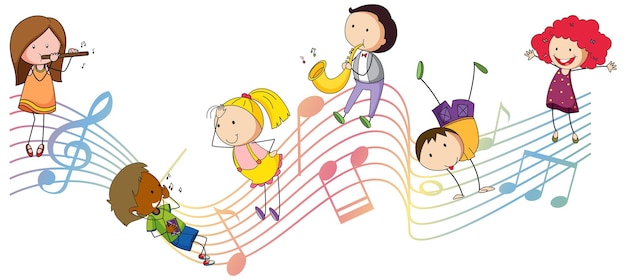 多くの落書きの子供たちの漫画のキャラクターと音楽のメロディーのシンボル
