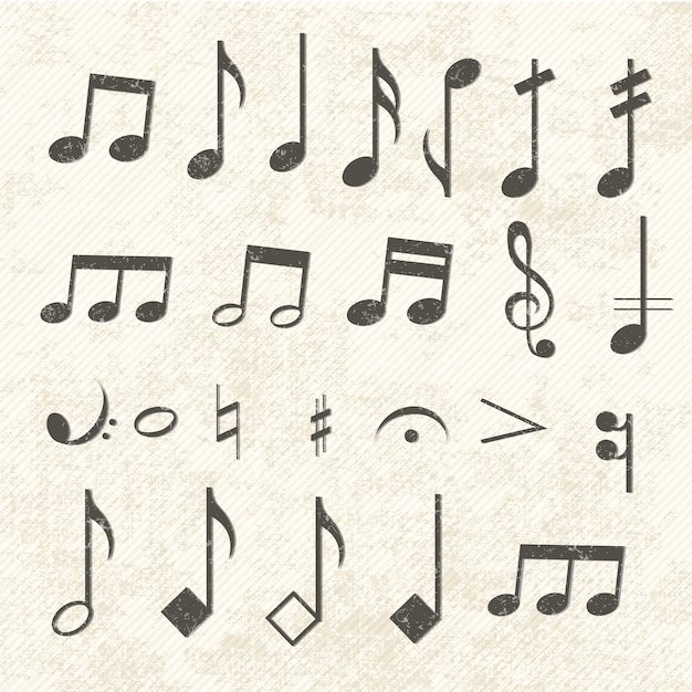 Musical notes icon set vintage worn by time