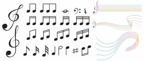 Бесплатное векторное изображение Музыкальные символы с волновыми линиями на белом фоне