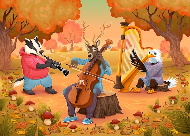 Musician animals in the wood cartoon and vector illustration 