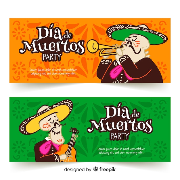 Free vector musician skulls día de muertos banners