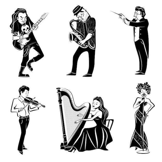 Musicians black icons set