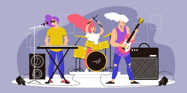 Free vector musicians concert composition with view of stage with musical instruments with band members playing rock music