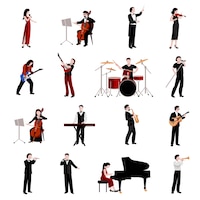 Набор плоских иконок музыкантов с пианистом кларнет-трубач